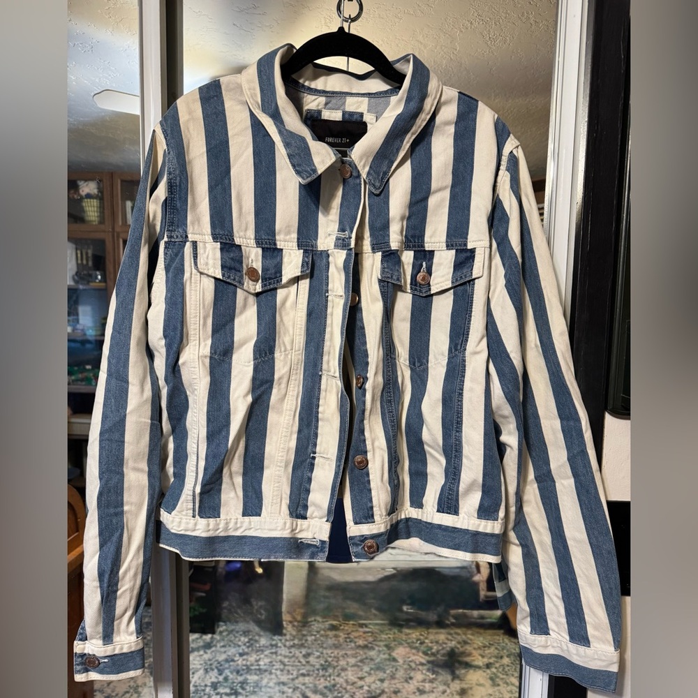 Forever 21 Blue and White Striped Jean Jacket